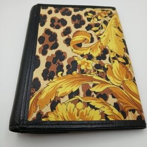 Versace Black, Yellow and Brown Baroque Leopard Print Wallet